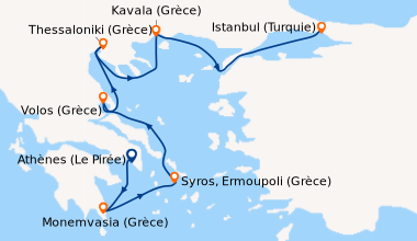 Itinéraire de la croisière Athènes (Le Pirée), Monemvasia (Grèce), Syros...