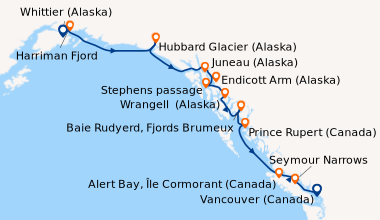 Itinéraire de la croisière Whittier (Alaska), Hubbard Glacier (Alaska), ...