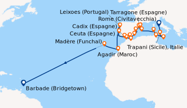 Itinéraire de la croisière Rome (Civitavecchia), En mer, Trapani (Sicile...