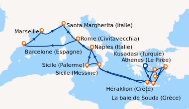 Itinéraire de la croisière Athènes (Le Pirée), Héraklion (Crète), Kusada...