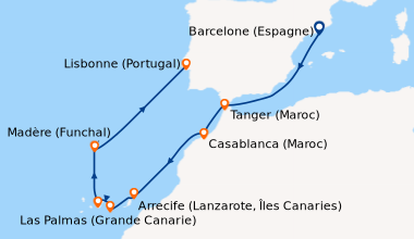 Itinéraire de la croisière Barcelone (Espagne), En mer, Tanger (Maroc), ...