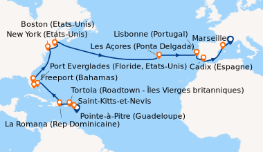 Itinéraire de la croisière Antilles, Iles Vierges, Rép.Dominicaine, Bahamas, Floride (USA), États-Unis, Açores, Portugal, Espagne, France