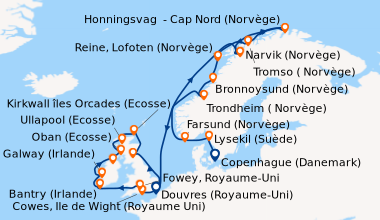 Itinéraire de la croisière Copenhague (Danemark), Lysekil (Suède), Farsu...