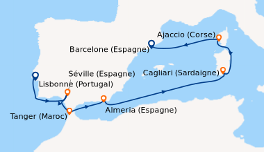 Itinéraire de la croisière Lisbonne (Portugal), Séville (Espagne), Sévil...