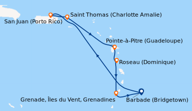Itinéraire de la croisière Barbade (Bridgetown), En mer, San Juan (Porto...