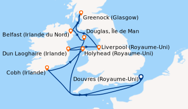 Itinéraire de la croisière Douvres (Royaume-Uni), En mer, Cobh (Irlande)...