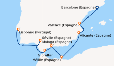 Itinéraire de la croisière Barcelone (Espagne), Valence (Espagne), Alica...