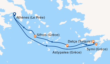 Itinéraire de la croisière Athènes (Le Pirée), En mer, Datça (Turquie), ...