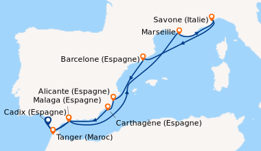 Itinéraire de la croisière Espagne, Maroc, France, Italie
