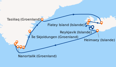 Itinéraire de la croisière Reykjavik (Islande), Heimaey (Islande), Heima...