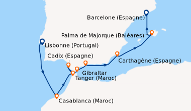 Itinéraire de la croisière Lisbonne (Portugal), En mer, Casablanca (Maro...