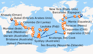 Itinéraire de la croisière Un Monde Infini 128 nuits
