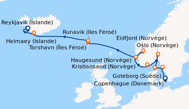 Itinéraire de la croisière Copenhague (Danemark), Goteborg (Suède), Skag...
