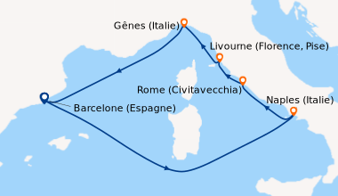 Itinéraire de la croisière Barcelone (Espagne), En mer, Naples (Italie),...