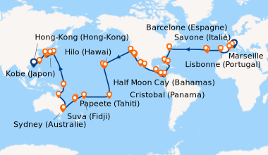 Itinéraire de la croisière Italie, France, Espagne, Portugal, Açores, États-Unis, Floride (USA), Mexique, États-Unis, Hawaii, Polynésie, Fiji, Australie