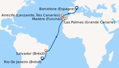 Itinéraire de la croisière De la Méditerranée aux rythmes de Rio