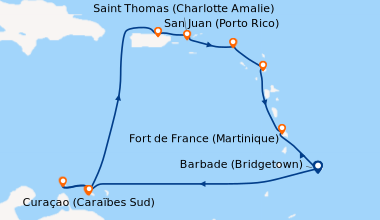 Itinéraire de la croisière Barbade (Bridgetown), En mer, Curaçao (Caraïb...