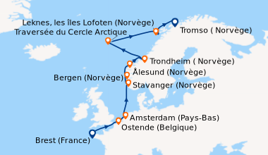 Itinéraire de la croisière Trésors des mers du Nord et de Norvège