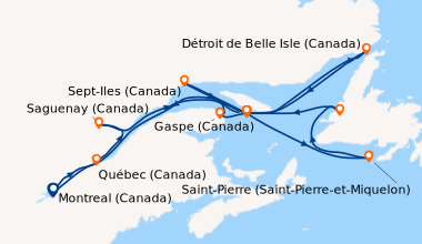 Itinéraire de la croisière Le fleuve Saint-Laurent au cœur de l'hiver boréal