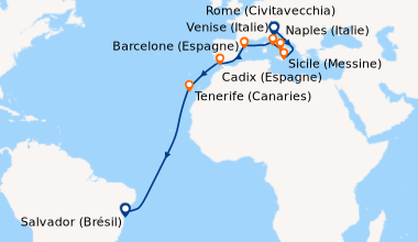 Itinéraire de la croisière Venise (Italie), En mer, Sicile (Messine), Na...