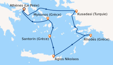 Itinéraire de la croisière Athènes (Le Pirée), Kusadasi (Turquie), Rhode...