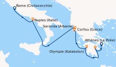 Itinéraire de la croisière Athènes (Le Pirée), Nafplion (Grèce), Olympie...