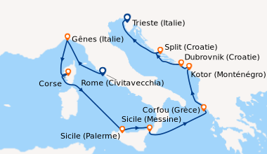 Itinéraire de la croisière Rome (Civitavecchia), Gênes (Italie), Corse, ...