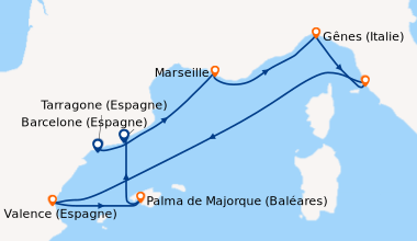 Itinéraire de la croisière Tarragone (Espagne), Marseille, Gênes (Italie...