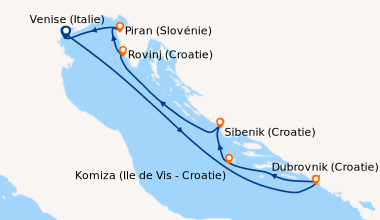 Itinéraire de la croisière Venise (Italie), En mer, Dubrovnik (Croatie),...