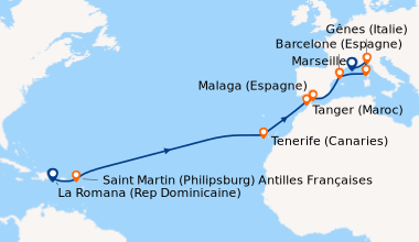 Itinéraire de la croisière Transatlantique : de Pointe à Pitre à Marseille