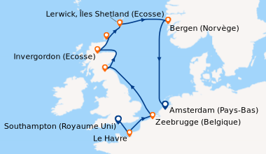 Itinéraire de la croisière Southampton (Royaume Uni) , Le Havre, Zeebrug...