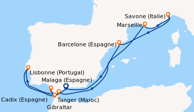 Itinéraire de la croisière Espagne, Maroc, Gibraltar, Portugal, France, Italie