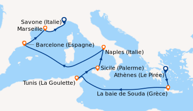 Itinéraire de la croisière Grèce, Tunisie, Italie, Espagne, France