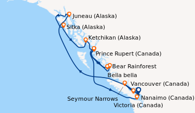 Itinéraire de la croisière Vancouver (Canada), Alaska Inside Passage, Ju...