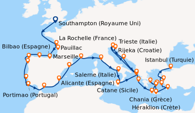 Itinéraire de la croisière Southampton (Royaume Uni) , En mer, La Rochel...
