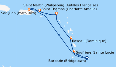 Itinéraire de la croisière Barbade (Bridgetown), En mer, San Juan (Porto...