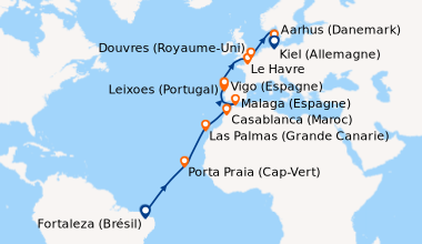 Itinéraire de la croisière Brésil, Canaries, Maroc, Espagne, Portugal, France, Grande-Bretagne, Danemark, Allemagne