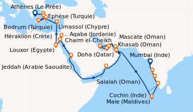 Itinéraire de la croisière Athènes (Le Pirée), Ephèse (Turquie), Bodrum ...