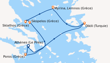 Itinéraire de la croisière Athènes (Le Pirée), En mer, Myrina, Lemnos (G...