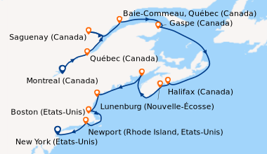 Itinéraire de la croisière Montreal (Canada), Québec (Canada), Saguenay ...