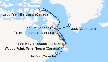 Itinéraire de la croisière Nuuk (Groenland), En mer, Iqaluit (Canada), L...