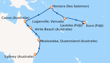 Itinéraire de la croisière Lautoka (Fidji), En mer, Port-Vila (Vanuatu),...