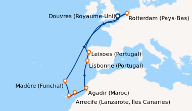 Itinéraire de la croisière Douvres (Royaume-Uni), Rotterdam (Pays-Bas), ...
