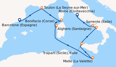 Itinéraire de la croisière Barcelone (Espagne), Toulon (La Seyne-sur-Mer...