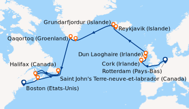 Itinéraire de la croisière Rotterdam (Pays-Bas), En mer, Cork (Irlande),...