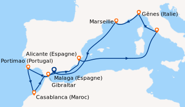 Itinéraire de la croisière Malaga (Espagne), Portimao (Portugal), Casabl...