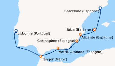 Itinéraire de la croisière Lisbonne (Portugal), En mer, Tanger (Maroc), ...