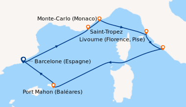 Itinéraire de la croisière Barcelone (Espagne), Saint-Tropez, Monte-Carl...