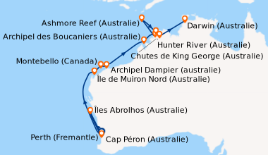 Itinéraire de la croisière Perth (Fremantle), Îles Abrolhos (Australie),...