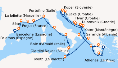 Itinéraire de la croisière Barcelone (Espagne), Palamos (Espagne), Sète,...